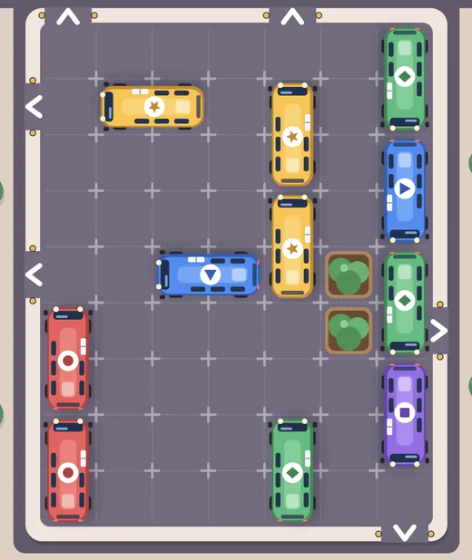 Pátio do jogo com ônibus coloridos e setas de saída